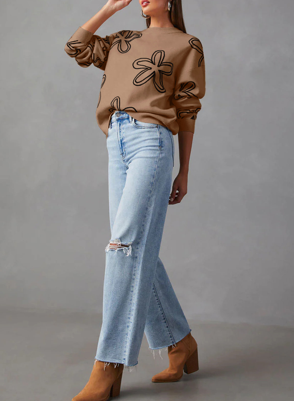 Oversized Brown Sweater with Abstract Flower Pattern