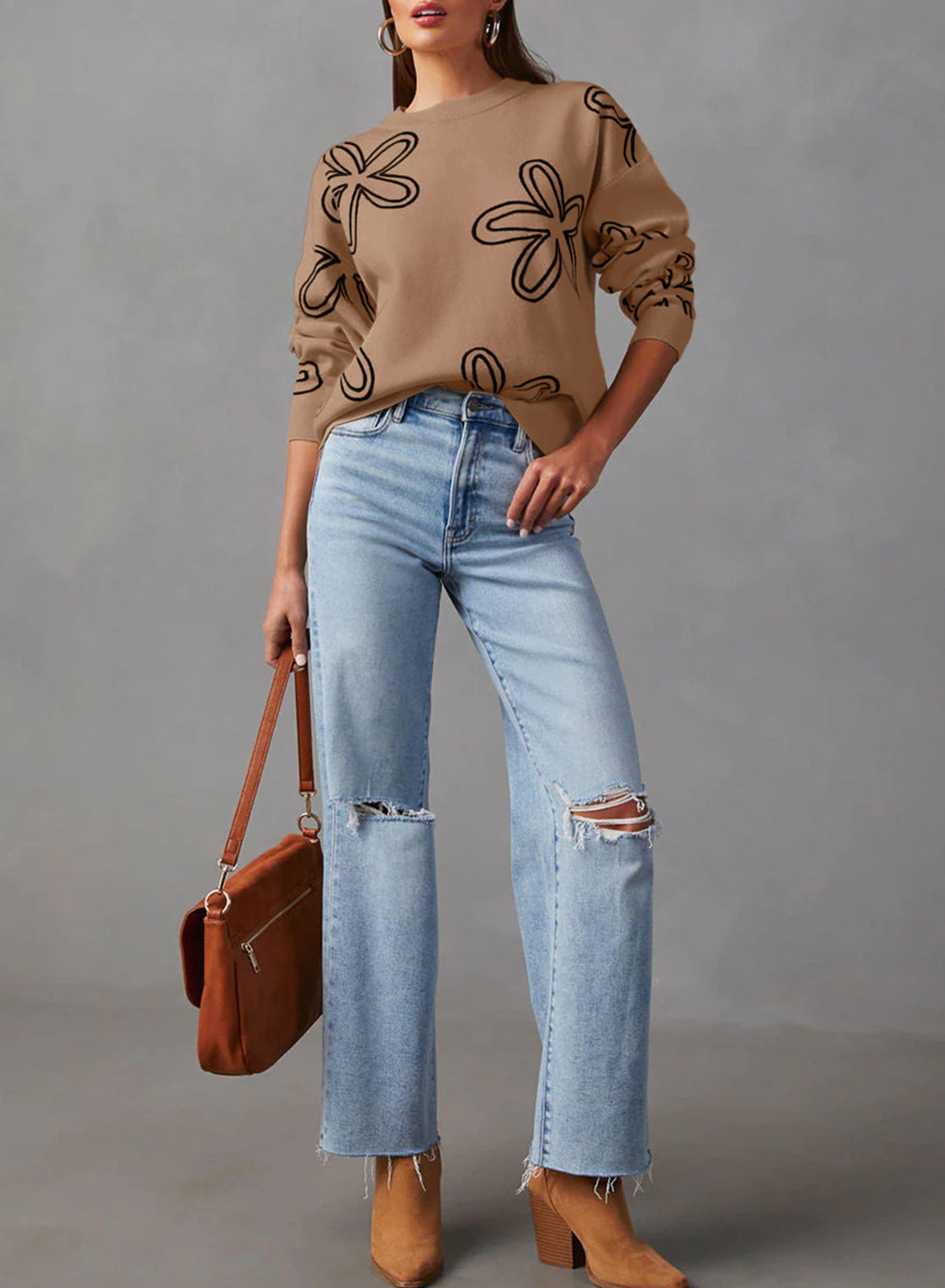 Oversized Brown Sweater with Abstract Flower Pattern