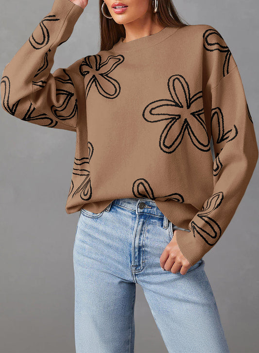 Oversized Brown Sweater with Abstract Flower Pattern