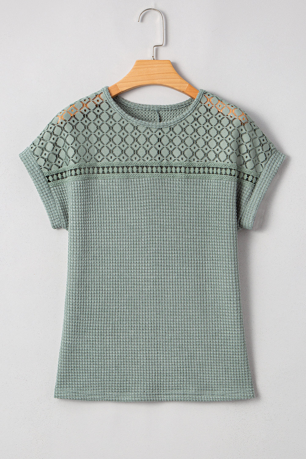 Mist Green Lace Patchwork Waffle Knit Summer Top