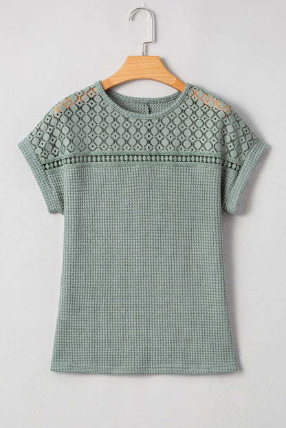 Mist Green Lace Patchwork Waffle Knit Summer Top