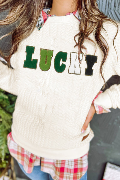 White LUCKY Chenille Embroidered Cable Knit Pullover Sweatshirt