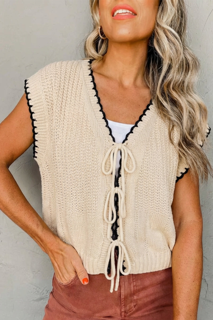 Contrast Trim Tie Front V Neck Knit Sweater Vest