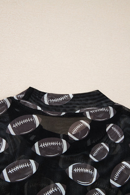 Football Print Mesh Mock Neck Game Day Long Sleeve Top