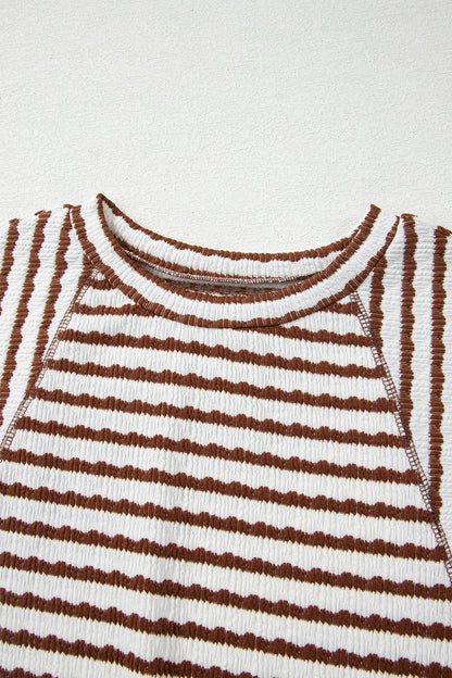 Apricot Stripe Textured Loose Fit Short Sleeve Top