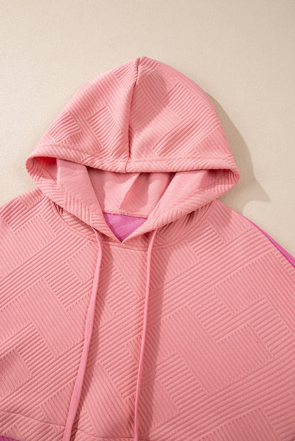 Pink Textured Color Block Kangaroo Pocket Drop Shoulder Hoodie