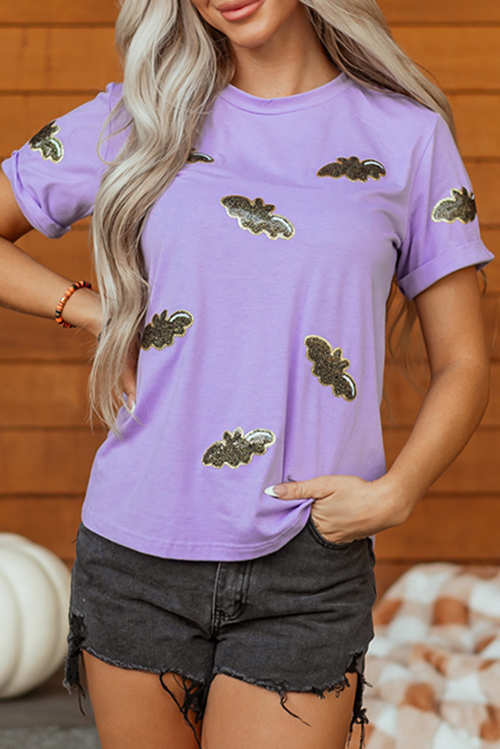 Purple Sequin Halloween Bat Graphic Casual T Shirt