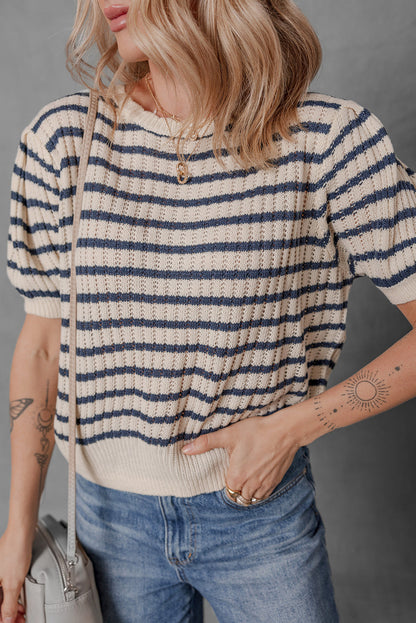 Striped Puff Sleeve Crew Neck Knit T-Shirt Top