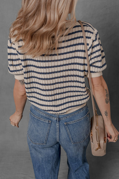 Striped Puff Sleeve Crew Neck Knit T-Shirt Top