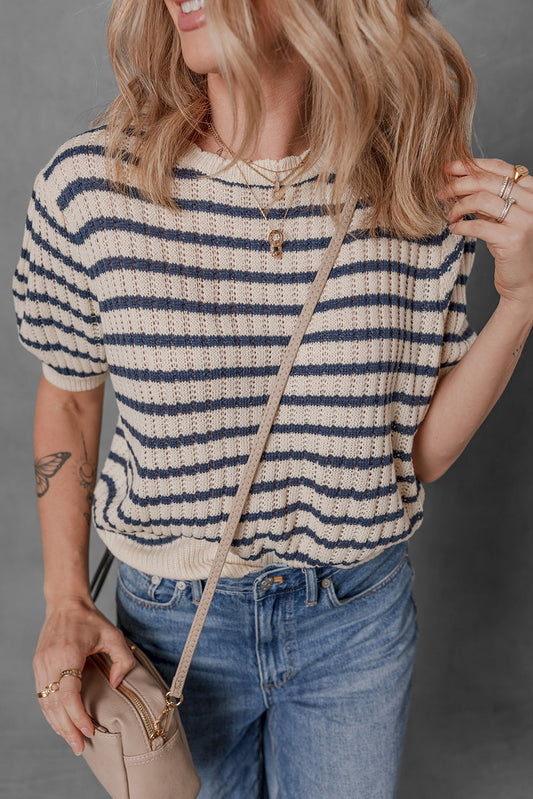 Striped Puff Sleeve Crew Neck Knit T-Shirt Top
