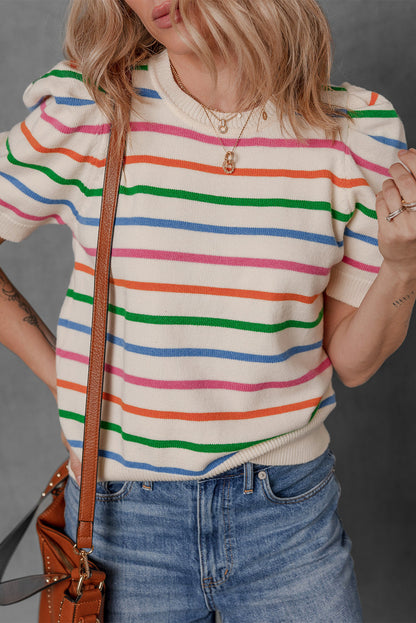 Rainbow Stripe Puff Sleeve Knit Top for Women