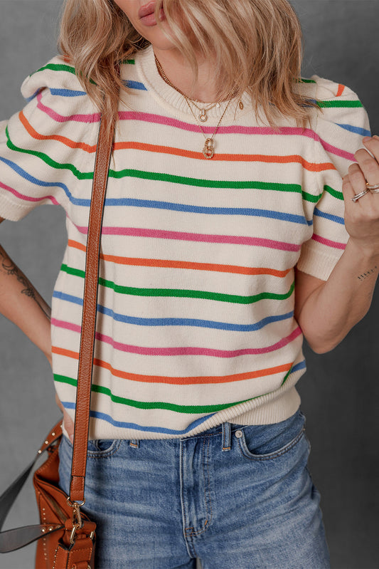 Rainbow Stripe Puff Sleeve Knit Top for Women