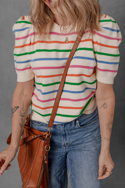 Rainbow Stripe Puff Sleeve Knit Top for Women