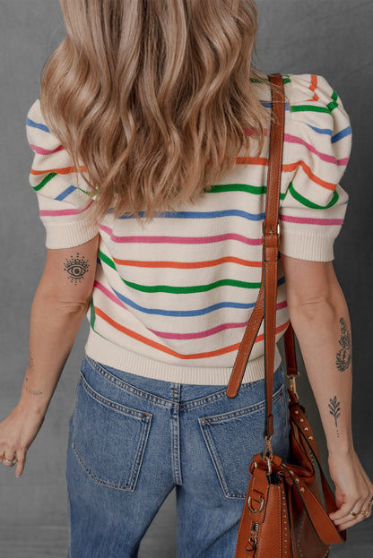 Rainbow Stripe Puff Sleeve Knit Top for Women