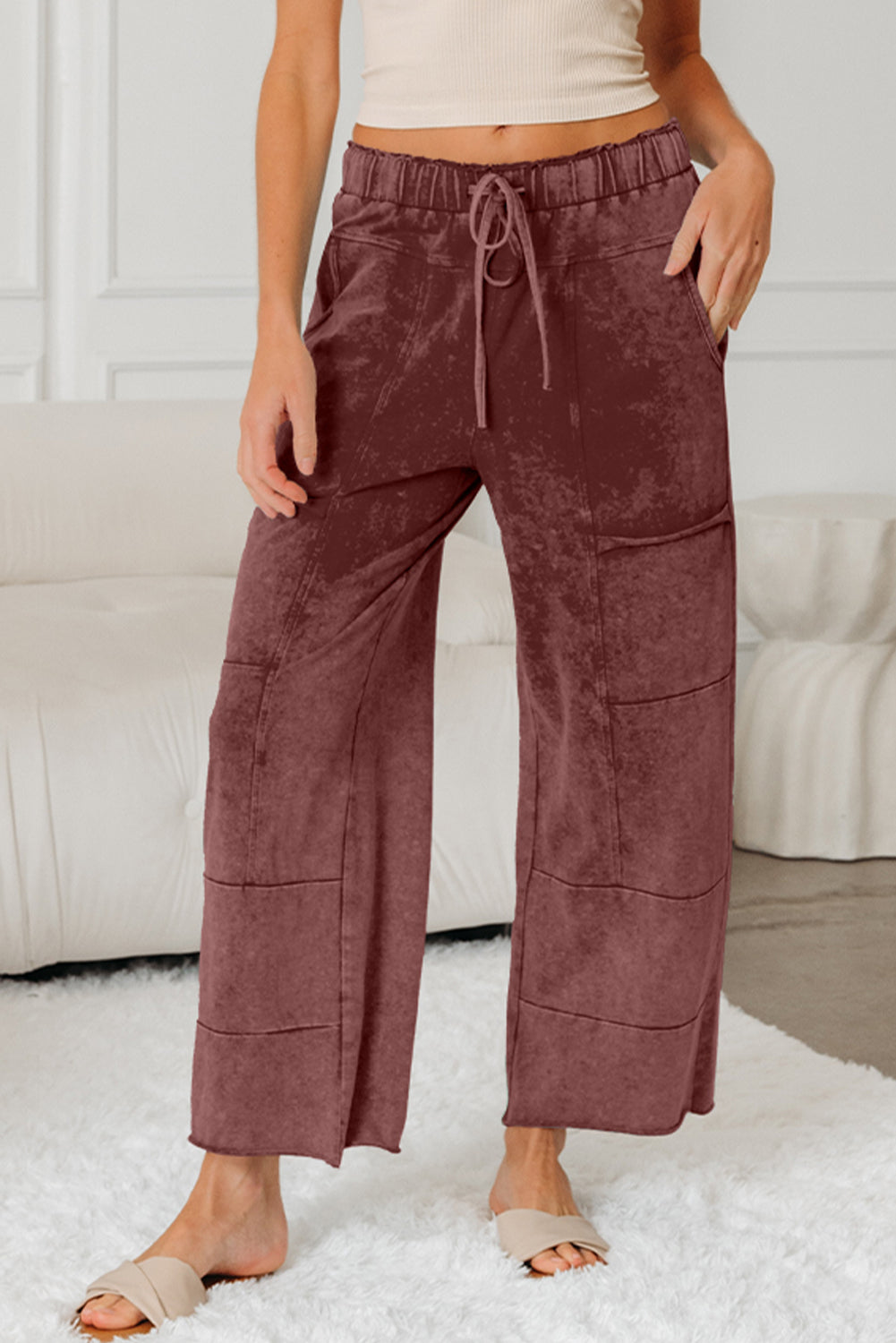 Mineral Wash High Waist Wide Leg Pants with Pockets