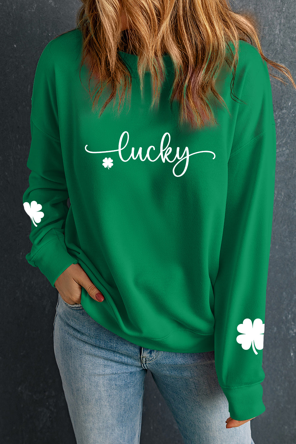 Green Lucky Clover Script St Patrick’s Drop Shoulder Sweatshirt