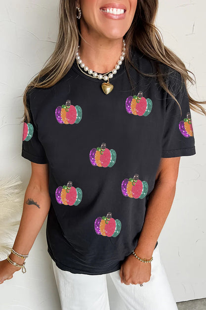 Sequin Pumpkin Graphic Tee Halloween Fall Casual Top