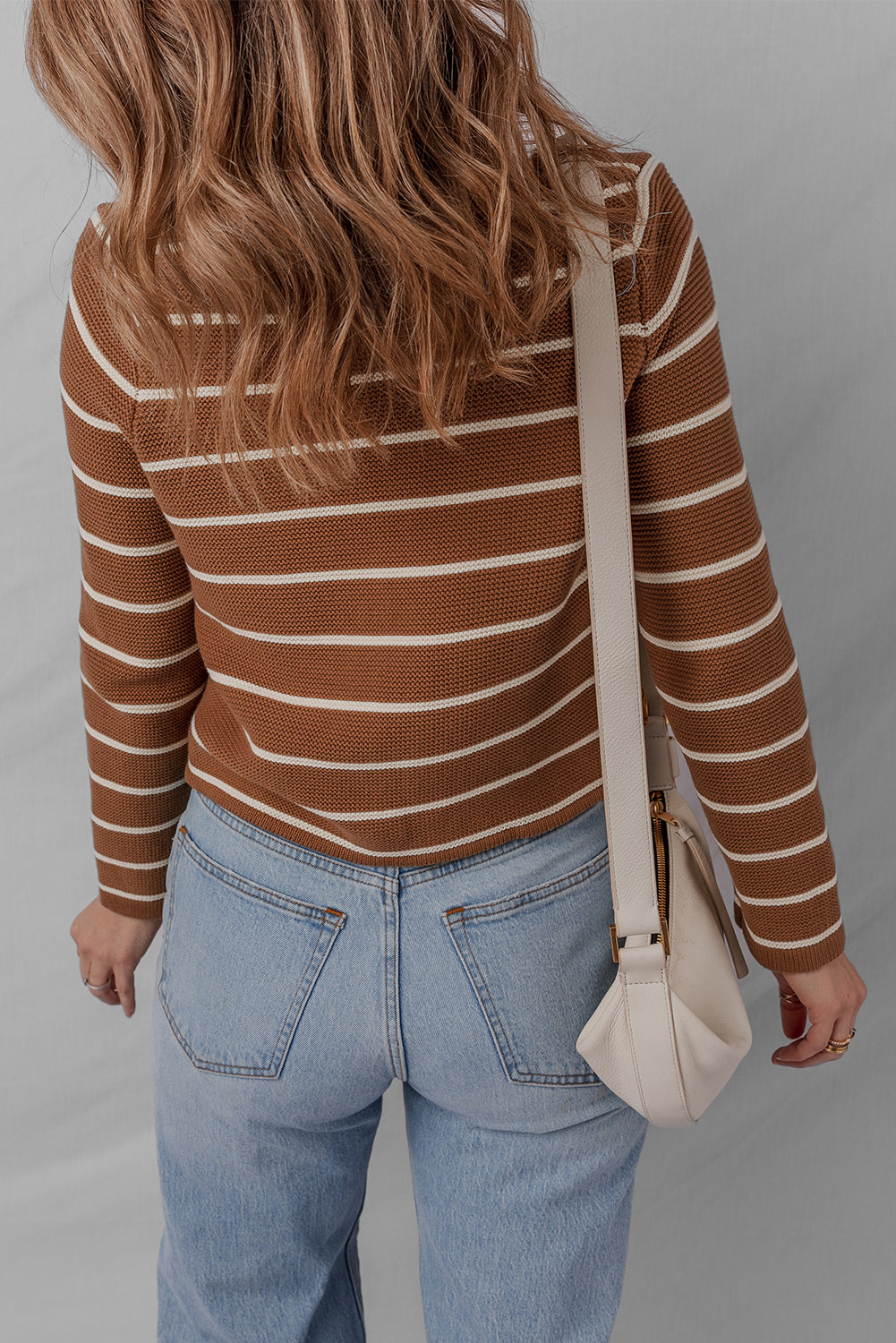 Chestnut Striped Knit Tie Front V Neck Cardigan Sweater