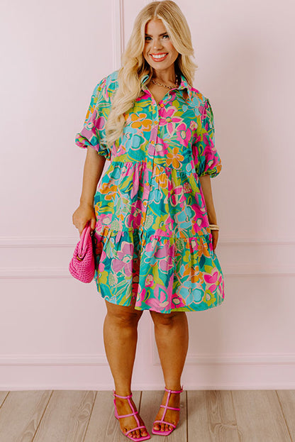 Green Plus Floral Print Puff Sleeve Tiered Shirt Dress