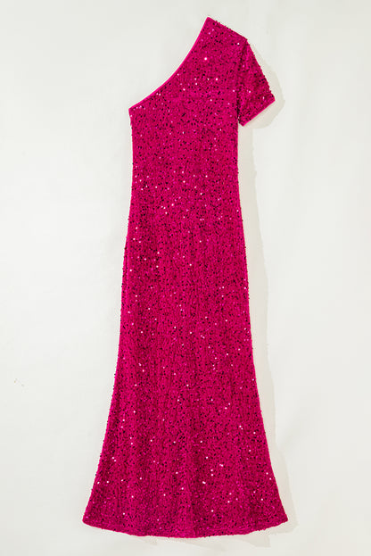 Pitaya Pink One Shoulder Sequin Gown with Slit