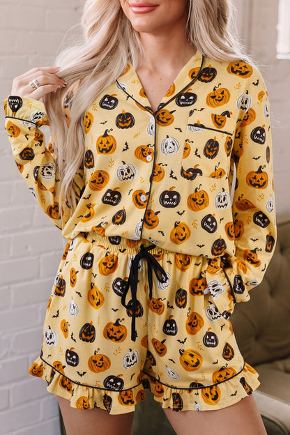 Halloween Pumpkin Print Ruffle Shorts Pajama Set