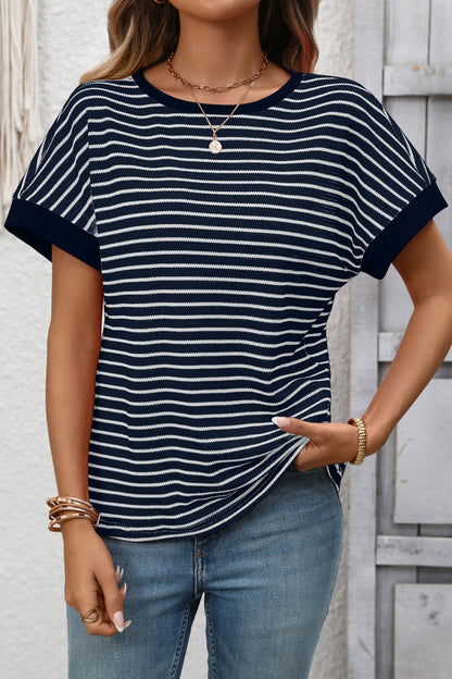 Striped Colorblock Short Sleeve Knit Tee for Women