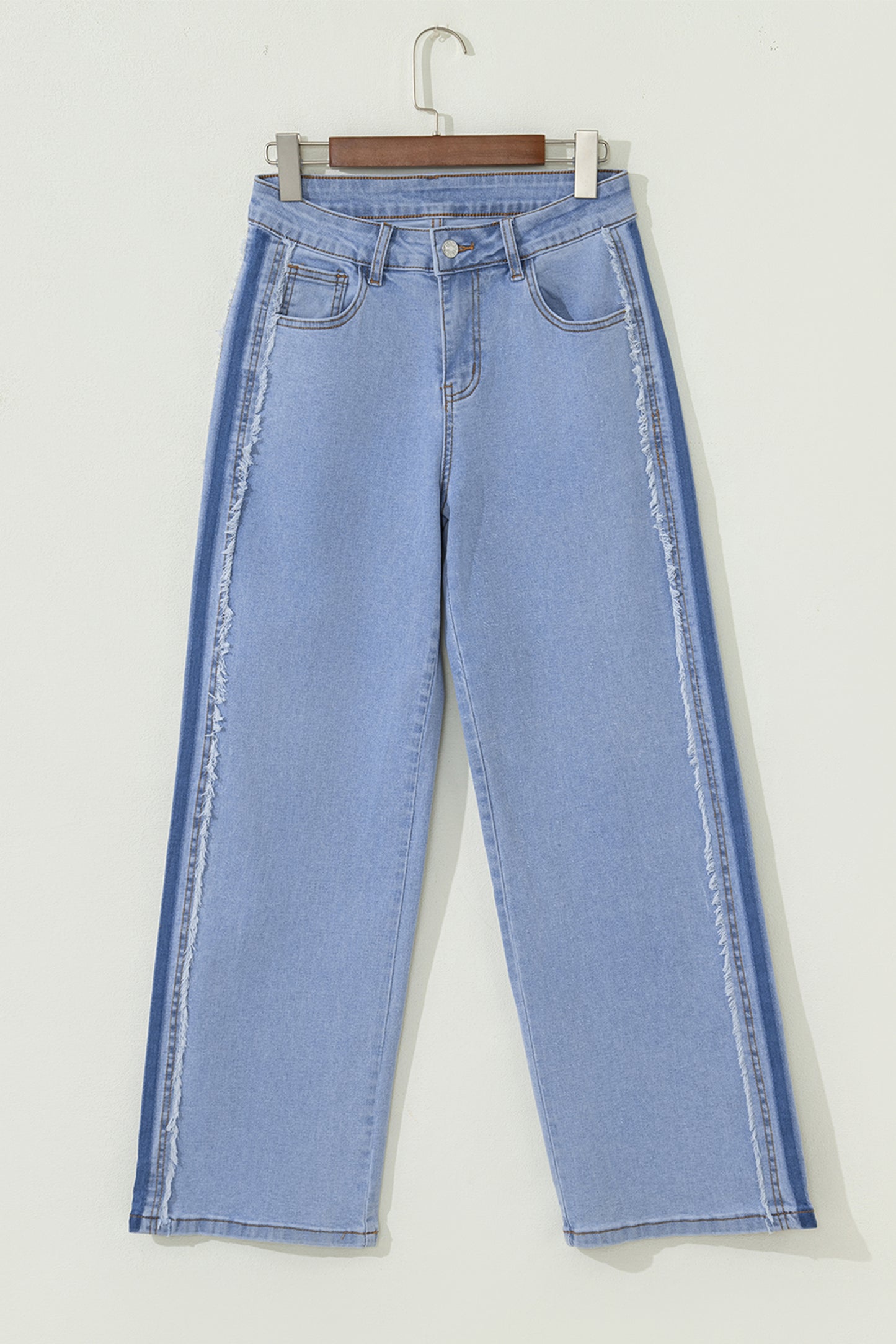 Beau Blue Contrast Stripe Patchwork Frayed Jeans