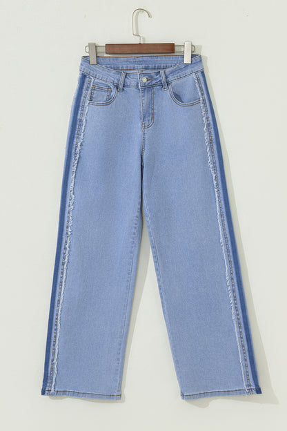 Beau Blue Contrast Stripe Patchwork Frayed Jeans