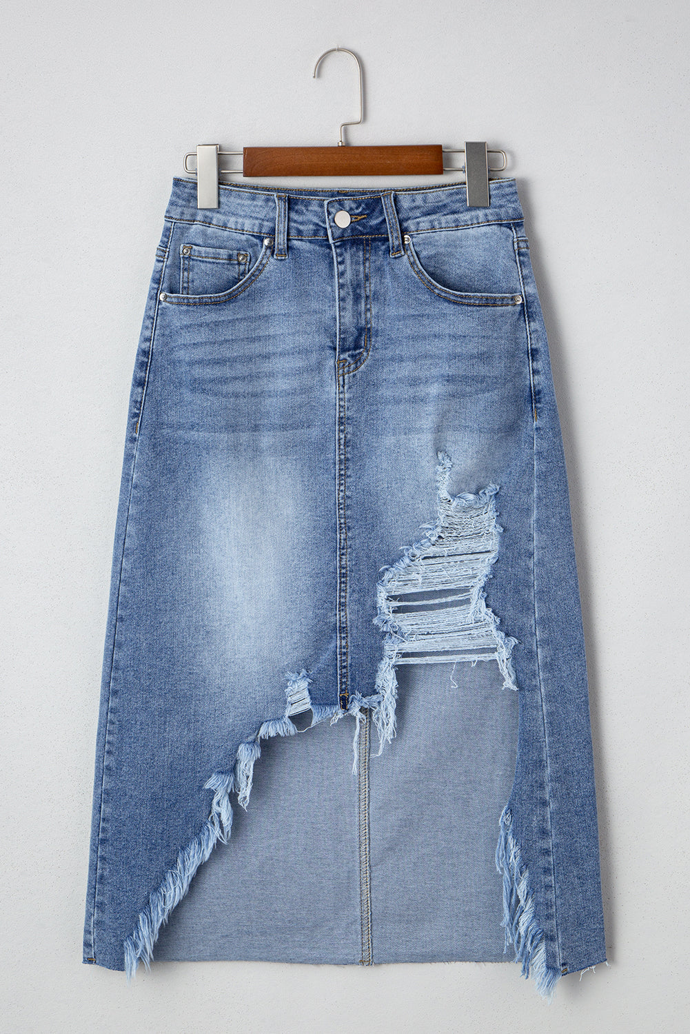Distressed High Waist Asymmetrical Denim Midi Skirt