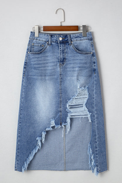 Distressed High Waist Asymmetrical Denim Midi Skirt