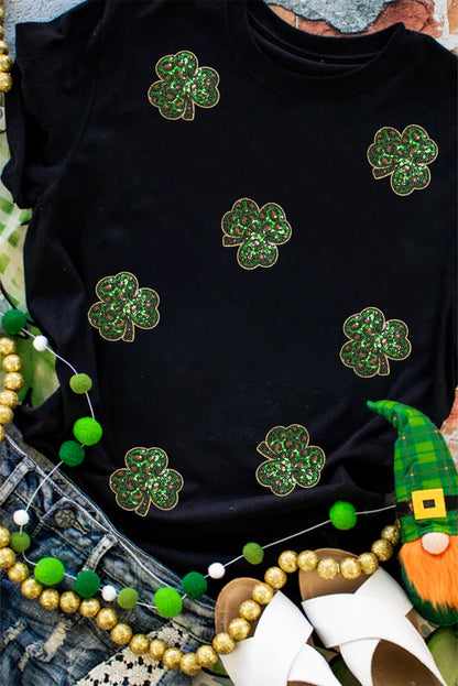 Black Sequin Clover Patch St Patrick's Day Tee