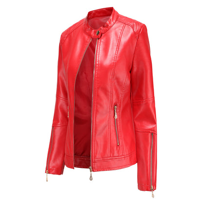 Women's Faux Leather Stand Collar Moto Jacket Zip Up