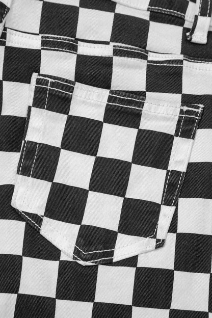 Checkerboard Distressed Cropped Jeans Raw Hem Pants