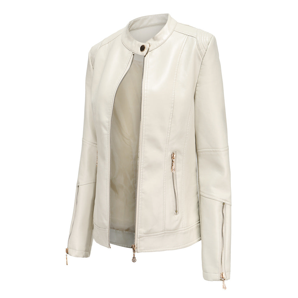 Women's Faux Leather Stand Collar Moto Jacket Zip Up