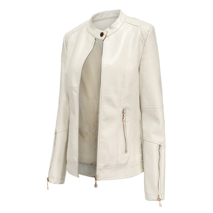 Women's Faux Leather Stand Collar Moto Jacket Zip Up