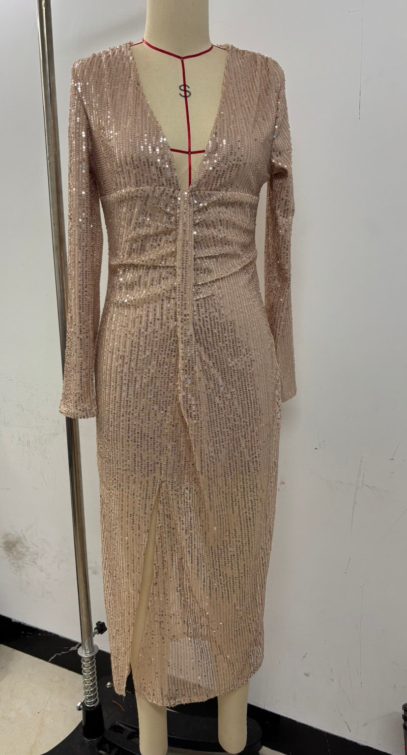 Sequin Deep V Neck Long Sleeve Slit Maxi Dress