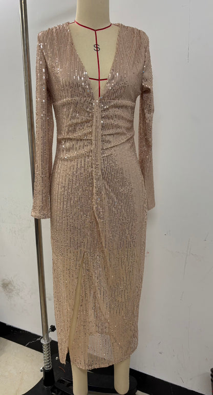 Sequin Deep V Neck Long Sleeve Slit Maxi Dress