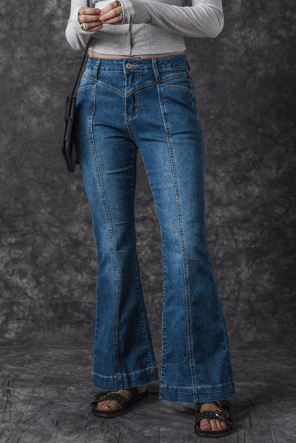 High Waist Flare Jeans with Contrast Seams & Pockets