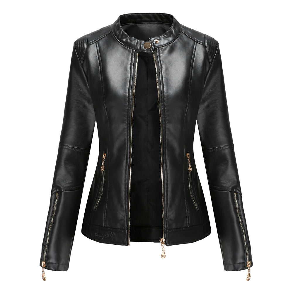 Women's Faux Leather Stand Collar Moto Jacket Zip Up