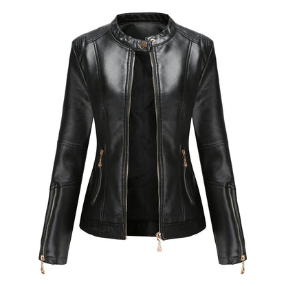 Women's Faux Leather Stand Collar Moto Jacket Zip Up