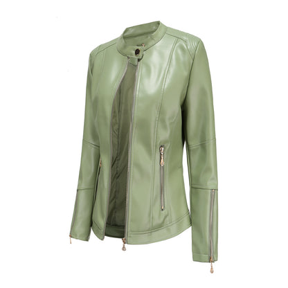 Women's Faux Leather Stand Collar Moto Jacket Zip Up