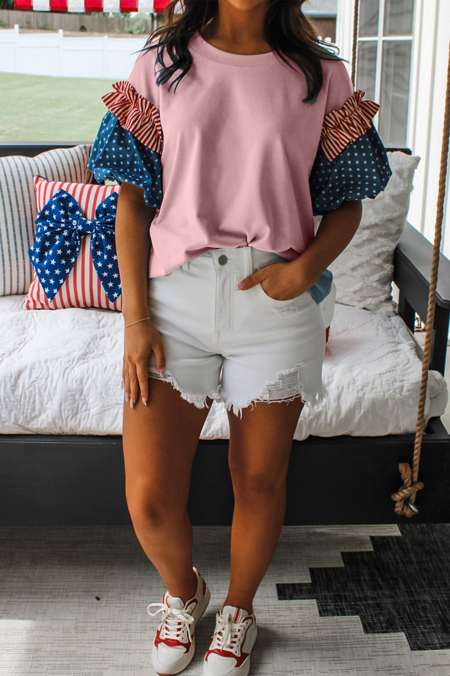 Patriotic Stars and Stripes Puff Sleeve Fourth of July Top