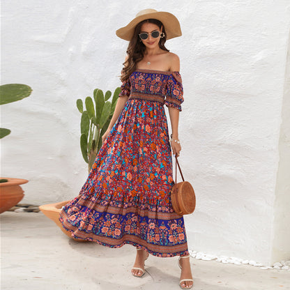 Women's Off Shoulder Midi Dress Floral Short Sleeve A Line Casual Beach Vacation Dresses