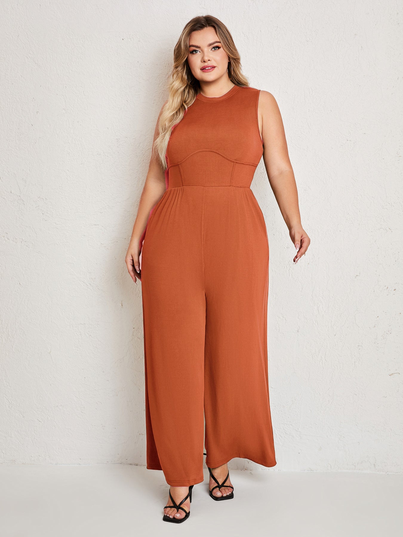 Womens Summer One Piece Sleeveless Wide Leg Pants Rompers With Pockets Plus Size