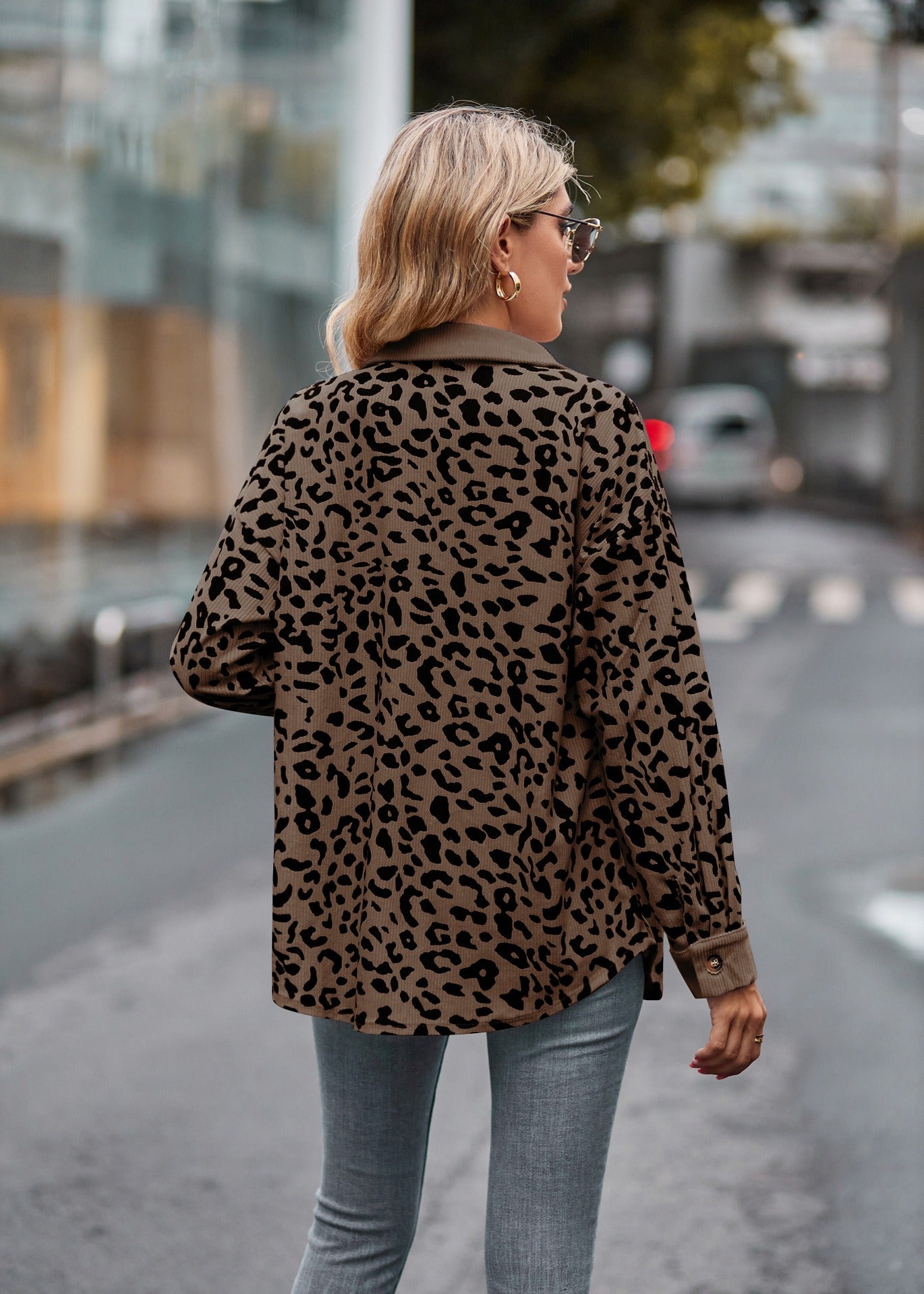 Leopard Print Corduroy Button Down Oversized Shirt Jacket