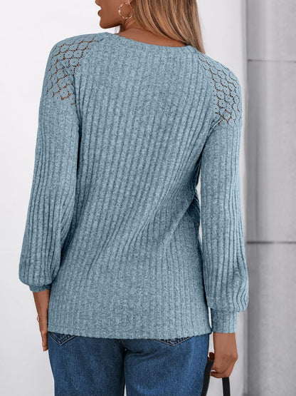 Solid Ribbed Knit Button Pullover with Lace & Buttons