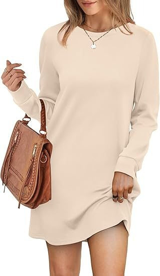Cozy Long Sleeve Crewneck Sweatshirt Dress with Pockets
