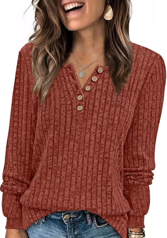 Ribbed V-Neck Button Knit Long Sleeve Pullover