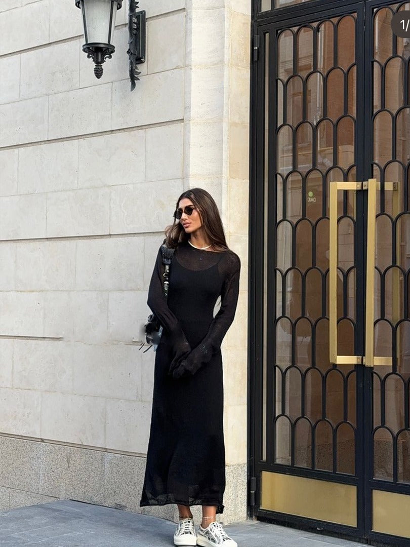 Sheer Knit Maxi Dress Set Long Sleeve Overlay with Slip