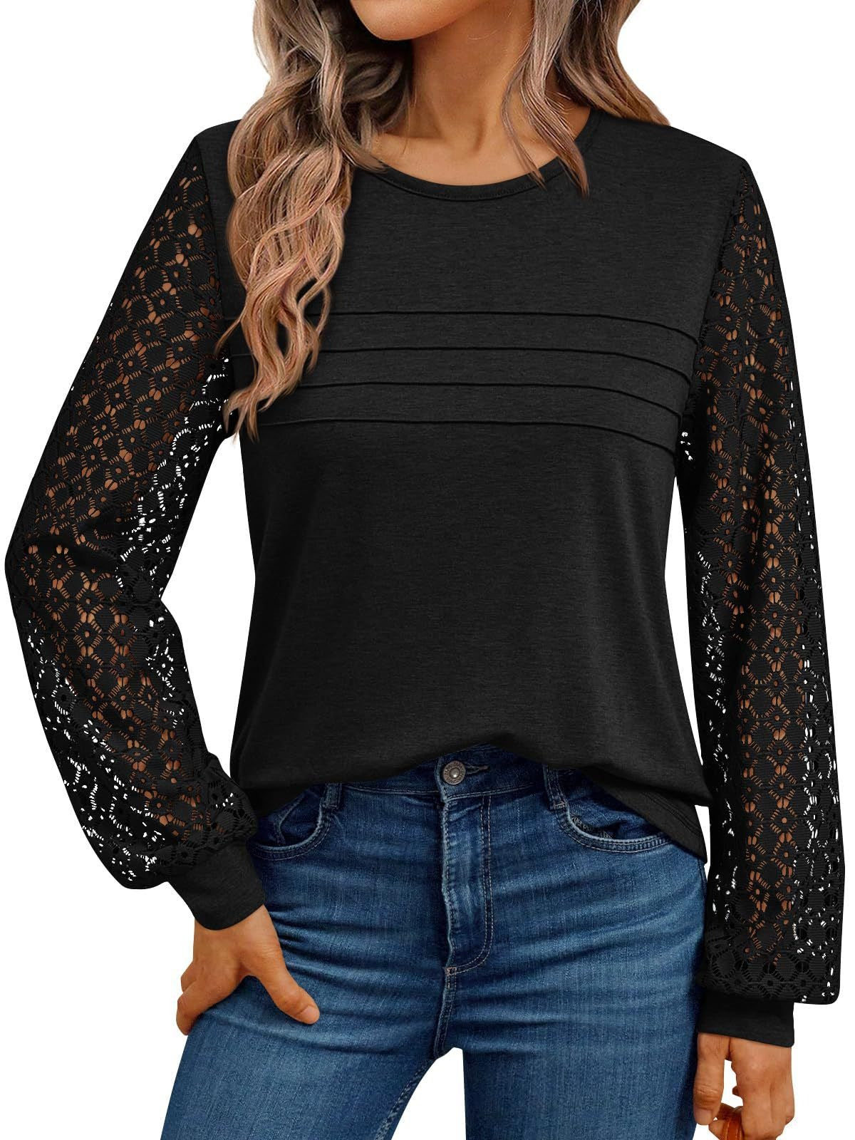 Lace Sleeve Patchwork Knit Pullover Top for Women